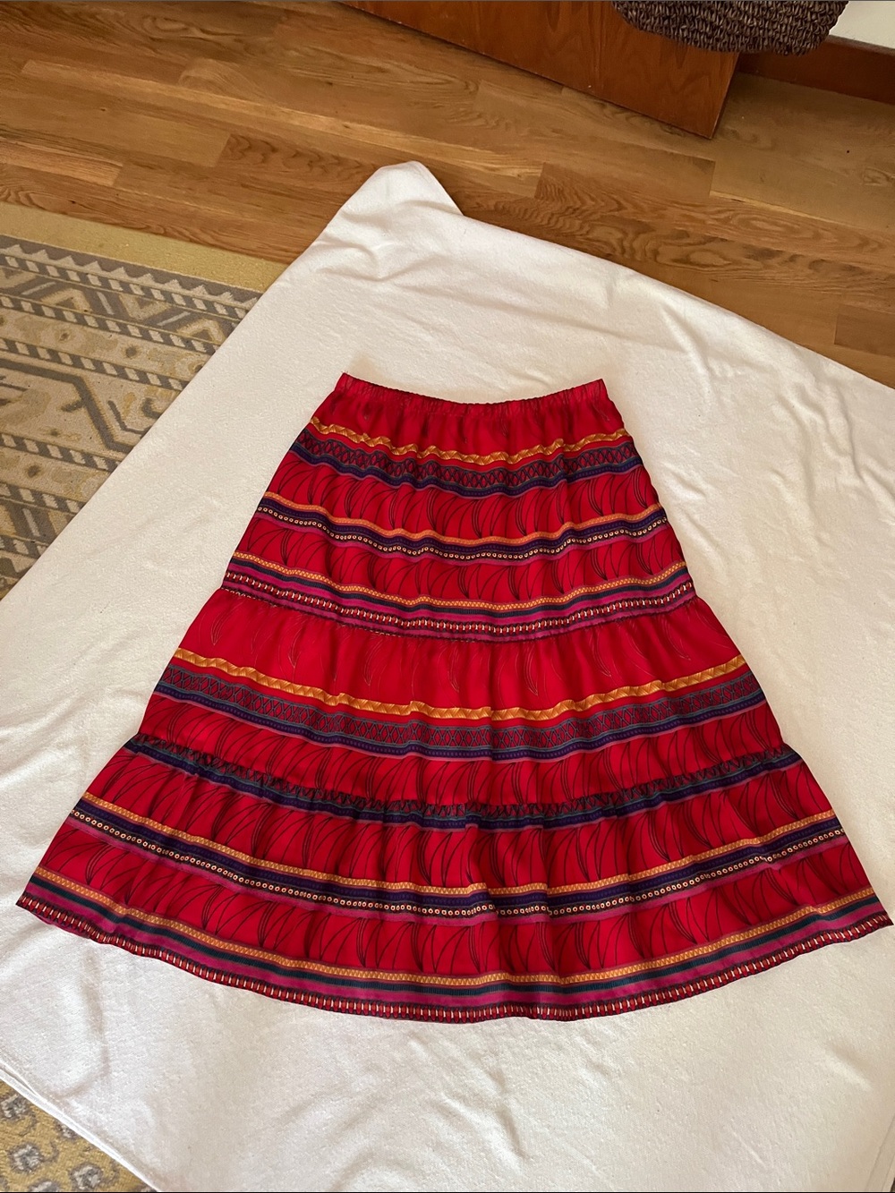 Red Tiered A-Line Midi Skirt with Decorative Stripe Accents